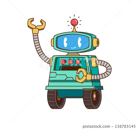 Two wheel robot cartoon groovy character. Artificial intelligence robot happy retro groovy character, mechanical android isolated vector cheerful mascot. Humanoid bot funny personage with clench hands Two wheel robot cartoon groovy character. Artificial intelligence robot happy retro groovy character, mechanical android isolated vector cheerful mascot. Humanoid bot funny personage with clench hands 138783145