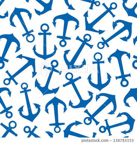 Ship anchor seamless pattern, marine background. Boat iron hook colorful vector background, yachting backdrop with anchors. Seamless pattern or maritime print with blue anchors silhouettes 138783153