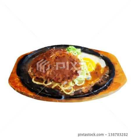 Hand-drawn digital illustration, cooked beef steak, black cast iron plate, wooden cutting board, with sauce, realistic. 138783282