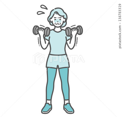 An illustration of a senior woman struggling with dumbbell training. 138783319