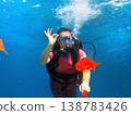 Woman scuba diving admiring tropical fish making ok sign 138783426
