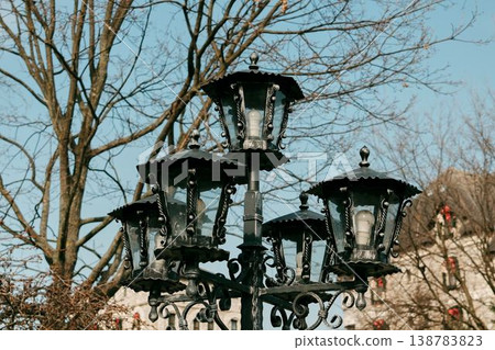 Decorative black metal street lantern with multiple lamps against trees and sky in Balkans, Bosnia. Concept of urban design, historic street lighting and European city atmosphere Decorative black metal street lantern with multiple lamps against trees and sky in Balkans, Bosnia. Concept of urban design, historic street lighting and European city atmosphere 138783823
