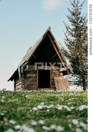 Small historic wooden hut on green meadow with spring flowers in Stanisici Ethno Village near Bijeljina Bosnia and Herzegovina. Concept of countryside heritage rural life and tourism Small historic wooden hut on green meadow with spring flowers in Stanisici Ethno Village near Bijeljina Bosnia and Herzegovina. Concept of countryside heritage rural life and tourism 138783838
