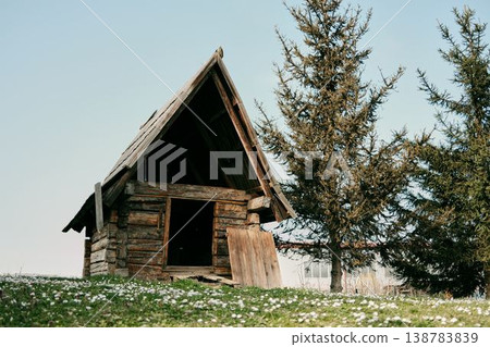 Small historic wooden hut on green meadow with spring flowers in Stanisici Ethno Village near Bijeljina Bosnia and Herzegovina. Concept of countryside heritage rural life and tourism Small historic wooden hut on green meadow with spring flowers in Stanisici Ethno Village near Bijeljina Bosnia and Herzegovina. Concept of countryside heritage rural life and tourism 138783839