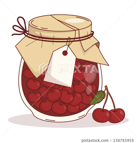 Jar of Red Sour Cherry Jam. Traditional Homemade Eco-friendly Natural Berry Preserve Rustic Glass with Craft Paper Lid and Blank Label Tag. Classic Kitchen Pantry Element. Vector Illustration. 138783958