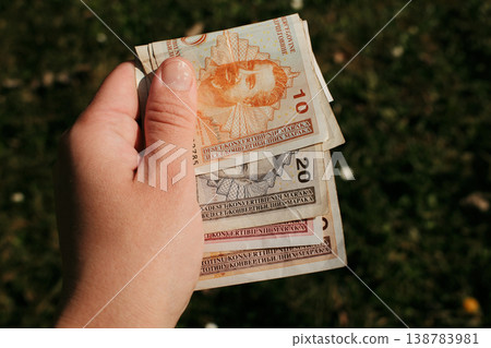 Hand holding several Bosnia and Herzegovina convertible mark banknotes outdoors over grass background. Concept of cash money, Balkan currency, financial transactions and personal budgeting 138783981
