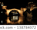 Male traveler with backpack photographing or filming the illuminated Old Bridge at night, standing by the river in Mostar. Rear view 138784072