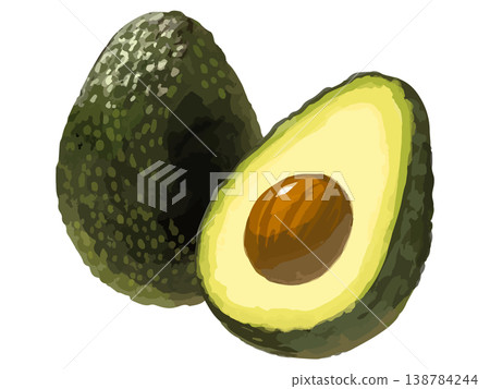 一個半完整的、未成熟的、綠色的酪梨，切成塊狀。 138784244