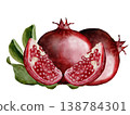 Pomegranate fruit watercolor. Realistic botanical illustration on a white background. Perfect for packaging design, organic cosmetics, invitations, and wellness branding. Handmade. 138784301