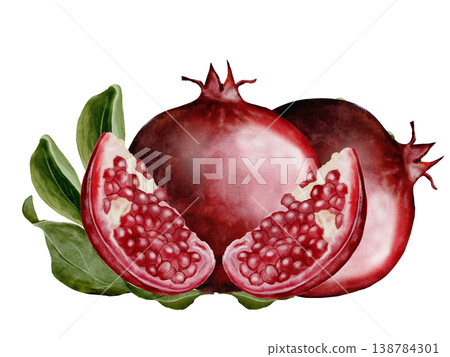Pomegranate fruit watercolor. Realistic botanical illustration on a white background. Perfect for packaging design, organic cosmetics, invitations, and wellness branding. Handmade. 138784301