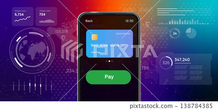 Smartphone with credit card on screen online payment and mobile banking digital futuristic background for ecommerce transaction and financial technology services 138784385