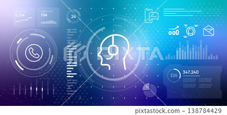 customer support and communication concept head with headset contact icons on digital dashboard with data visualization for call center performance monitoring and telemarketing 138784429