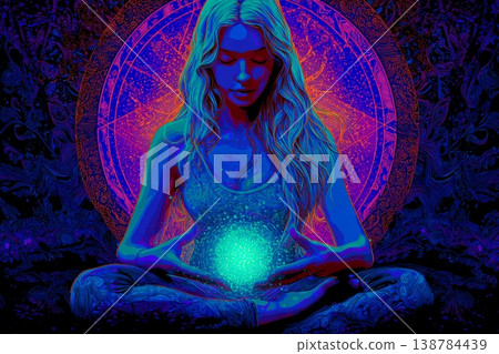 Psychedelic Energy Emanates From Mystical Female Entity With Long Flowing Hair Generative AI 138784439