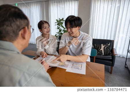 A young couple is consulting with a contractor about building a house. 138784471