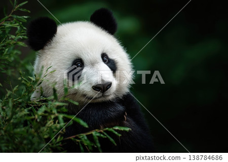 A panda is eating leaves while standing near some plants in a forest setting. It is daytime and the surroundings are green A panda is eating leaves while standing near some plants in a forest setting. It is daytime and the surroundings are green 138784686