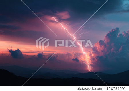 A storm forms over mountains as lightning flashes in the sky at sunset with dark clouds and colorful light 138784691