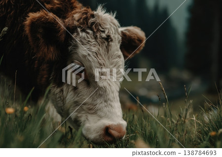 A cow feeds on grass in a field. Trees and hills create a backdrop. The time is early morning with soft light A cow feeds on grass in a field. Trees and hills create a backdrop. The time is early morning with soft light 138784693