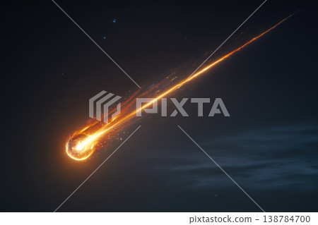 A bright comet moves swiftly through the night sky leaving a glowing trail while stars shine faintly in the distance 138784700