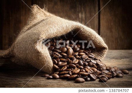 Brown coffee beans spill out of a burlap sack onto a wooden surface under natural light, showing the texture and color of the beans Brown coffee beans spill out of a burlap sack onto a wooden surface under natural light, showing the texture and color of the beans 138784707