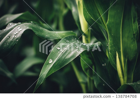 Corn plants stand tall in the field with water droplets on the green leaves after a rainfall. The scene captures nature's freshness in the crops 138784708