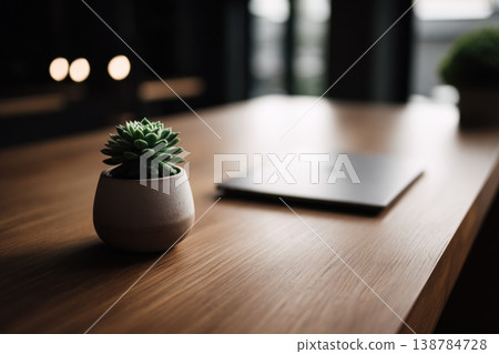 A small succulent plant sits on a wooden desk next to a closed laptop in a bright workspace. Natural light enters from nearby windows A small succulent plant sits on a wooden desk next to a closed laptop in a bright workspace. Natural light enters from nearby windows 138784728