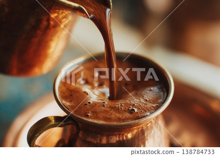 Hot coffee is poured from a metallic pitcher into a brass cup in a warm and inviting space during the morning Hot coffee is poured from a metallic pitcher into a brass cup in a warm and inviting space during the morning 138784733