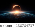 A solar eclipse takes place as the sun partially covers the Earth. Light shines from the horizon as the scene is dark 138784737