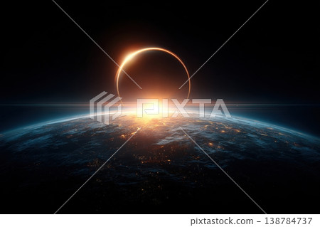 A solar eclipse takes place as the sun partially covers the Earth. Light shines from the horizon as the scene is dark 138784737