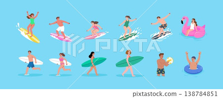 Summer Beach Activities and Surfing Vector Character Set Summer Beach Activities and Surfing Vector Character Set 138784851