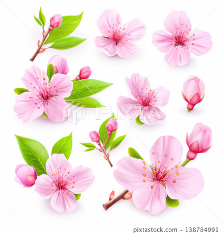 Pink cherry blossom branch with blooming flowers on white background Pink cherry blossom branch with blooming flowers on white background 138784991