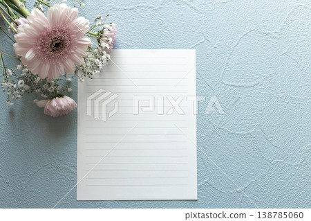 Pink gerberas and message card background material with copy space. Gentle spring image. Pink gerberas and message card background material with copy space. Gentle spring image. 138785060