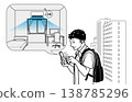 一位年輕男子外出時用智慧型手機遠端控製家中的空調。 （智慧家庭 - 線描圖） 138785296
