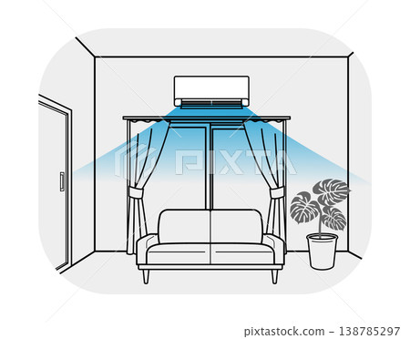客廳開著空調，擺放著沙發和盆栽植物；室內場景（線描）。 138785297
