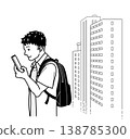 一位年輕男子側身面向戶外使用智慧型手機；上半身視角；線條畫，背景為建築物。 138785300