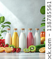 Gut health food, Summer. Colorful bottles of fruit and vegetable smoothies with fresh ingredients create vibrant and healthy display 138785561