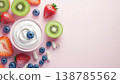 Gut health food, Summer. Creamy yogurt in bowl surrounded by fresh fruits and supplements on pastel pink background 138785562