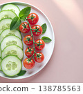 Gut health food, Summer. Fresh cucumber and cherry tomatoes with mint leaves on white plate, creating vibrant and healthy display 138785563