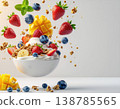 Gut health food, Summer. vibrant bowl of yogurt topped with fresh strawberries, blueberries, mango, banana, and granola, creating lively 138785565