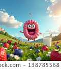 Gut health food, Summer. Smiling intestine character jumps in vibrant meadow filled with strawberries, blueberries, and glass of milk 138785568