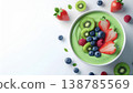 Gut health food, Summer. vibrant smoothie bowl with strawberries, kiwi, blueberries, and raspberries on green base 138785569
