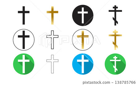 Cross Icons Set Christian Religious Cross Symbols in Flat, Gold and Black Circle Badge Styles Cross Icons Set Christian Religious Cross Symbols in Flat, Gold and Black Circle Badge Styles 138785766