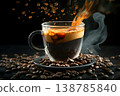 Capturing the essence of coffee with steam rising from a freshly brewed cup surrounded  138785840