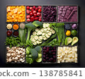 Variety of fresh vegetables and cheese arranged neatly on a dark background for meal preparation 138785841
