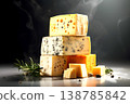 Assorted cheeses displayed on a rustic wooden board with herbs in a cozy kitchen setting 138785842