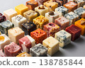 Variety of colorful cheese cubes arranged on a dark surface for an appetizing display  138785844