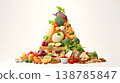 Colorful food arrangement featuring fresh fruits, cheeses, and meats on a white background  138785847