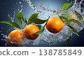 Fresh oranges splashing in water with vibrant green leaves at a kitchen setting 138785849