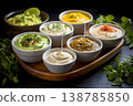 Colorful array of homemade sauces displayed in bowls with fresh herbs and lime slices  138785850
