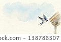水彩插畫，描繪了一群燕子銜著食物飛回巢穴的場景。 （留有文字空間） 138786307