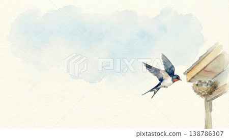 水彩插畫，描繪了一群燕子銜著食物飛回巢穴的場景。 （留有文字空間） 138786307